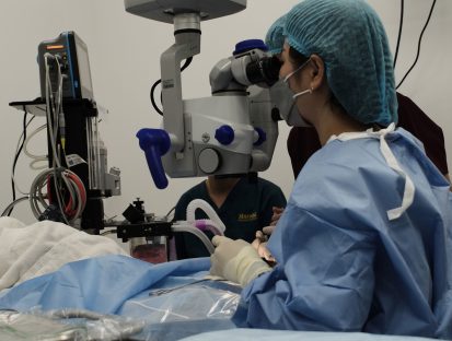 A veterinary ophthalmologist performing cataract surgery on a pet.